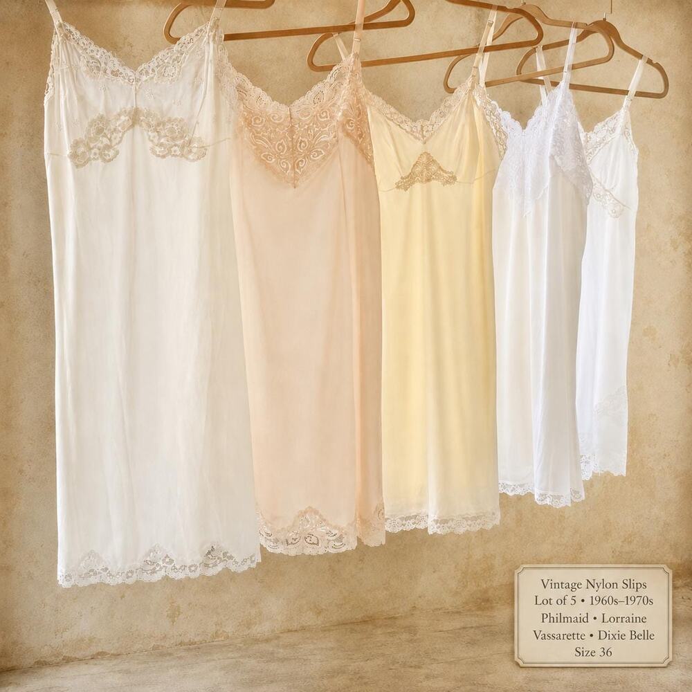 Vintage Nylon Slip Lot of 5 Lace Trim Full Slips Size 36 from 1960s and 1970s